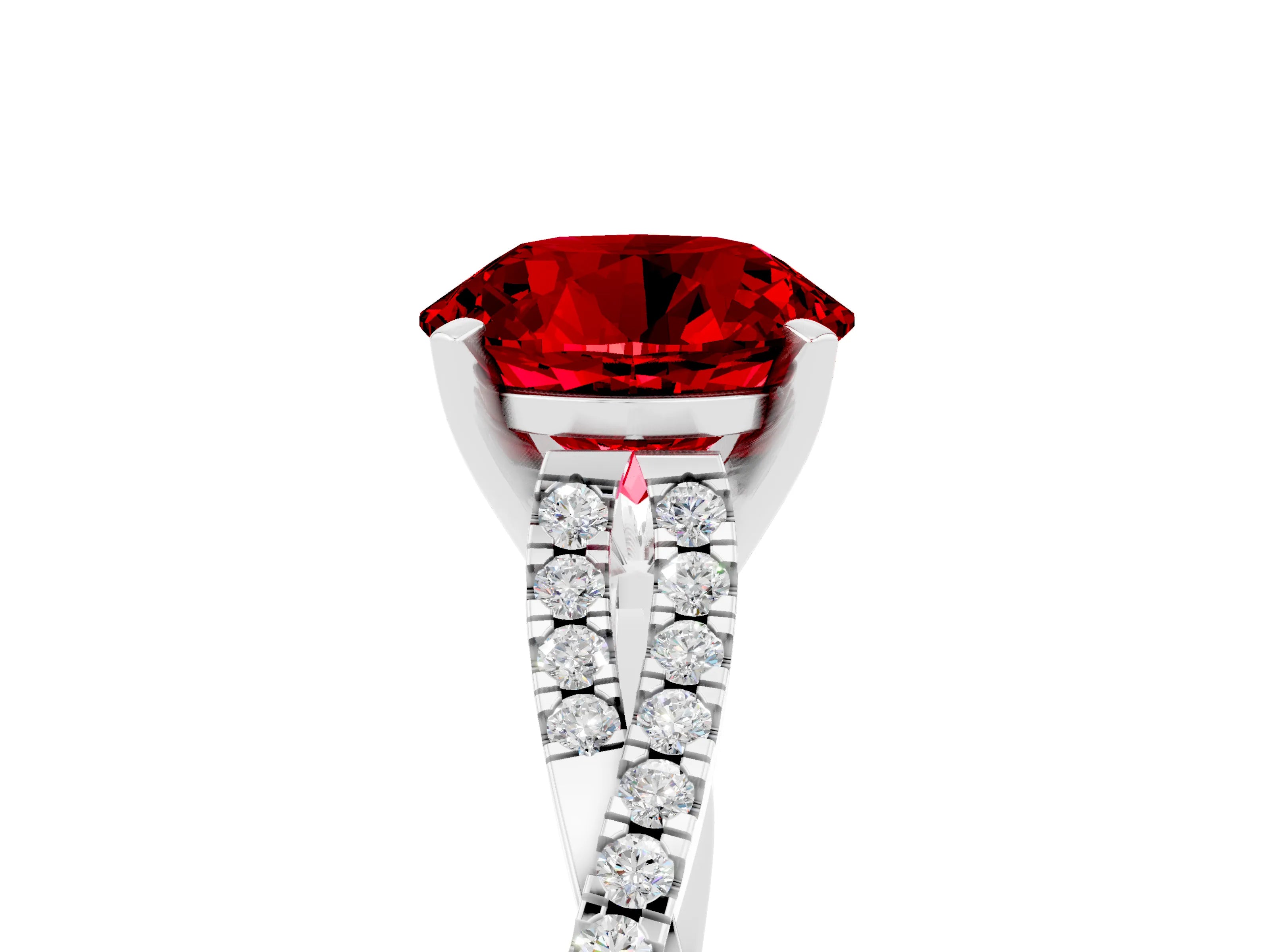 White gold Round Cut Ruby Solitaire Engagement Ring with Twisted Pavé Band and Four-Prong Setting_17