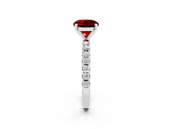 Platinum Round Cut Ruby Solitaire Pavé Band with Four-Prong Setting