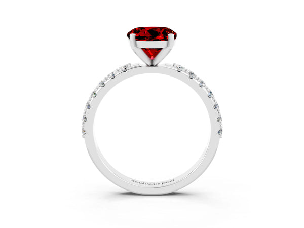 Platinum Round Cut Ruby Solitaire Pavé Band with Four-Prong Setting