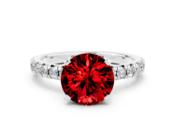Silver Round Cut Ruby Solitaire Pavé Engagement Ring with Round Band and Prong Setting