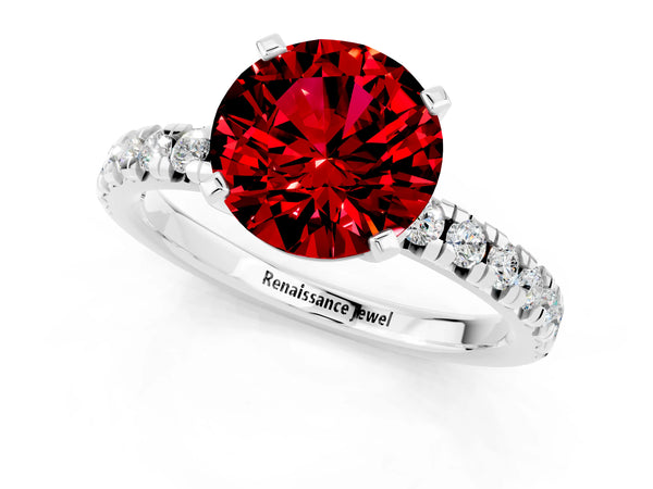 White gold Round Cut Ruby Solitaire Pavé Engagement Ring with Round Band and Prong Setting