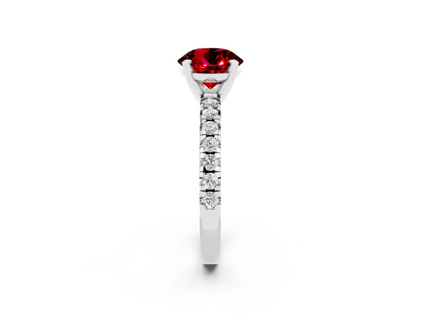 Platinum Round Cut Ruby Solitaire Pavé Engagement Ring with Round Band and Prong Setting