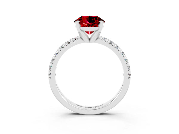 Platinum Round Cut Ruby Solitaire Pavé Engagement Ring with Round Band and Prong Setting