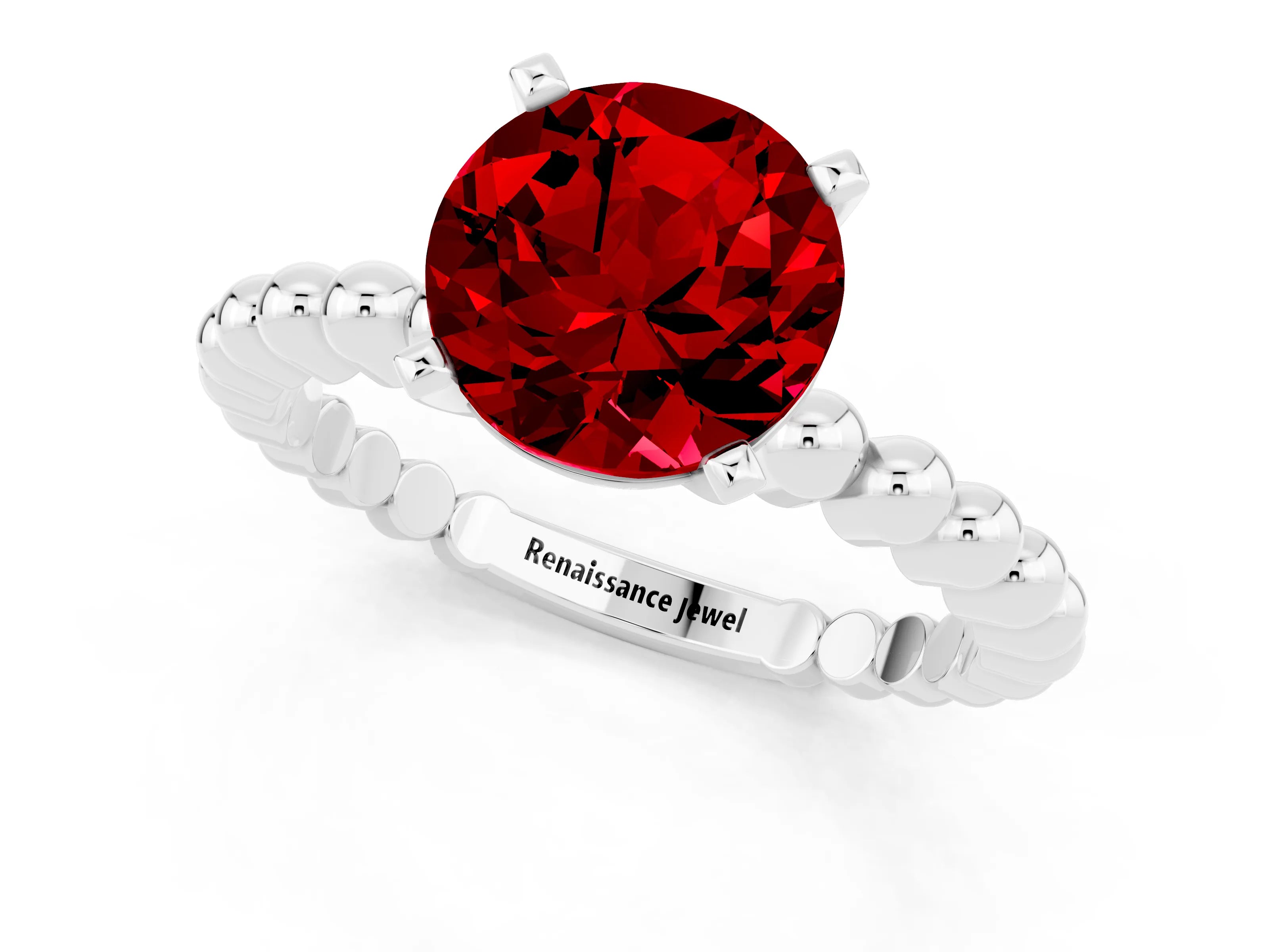 White gold Round Cut Ruby Solitaire Ring with Beaded Band and Prong Setting_1