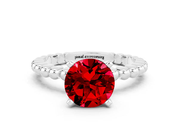 White gold Round Cut Ruby Solitaire Ring with Beaded Band and Prong Setting