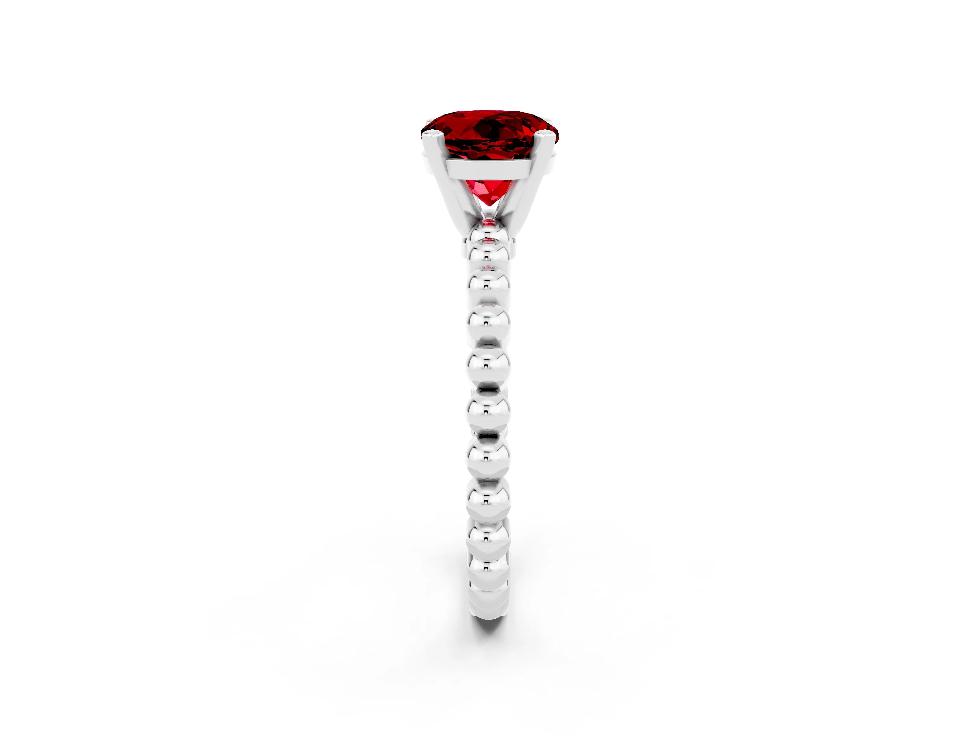 White gold Round Cut Ruby Solitaire Ring with Beaded Band and Prong Setting_14