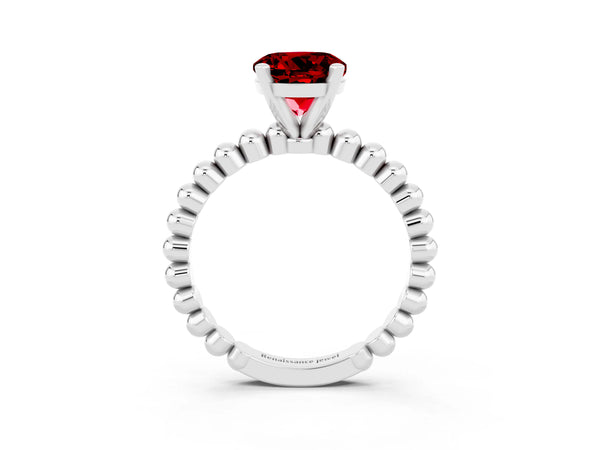 White gold Round Cut Ruby Solitaire Ring with Beaded Band and Prong Setting