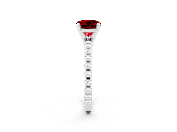 Silver Round Cut Ruby Solitaire Ring with Beaded Band and Prong Setting