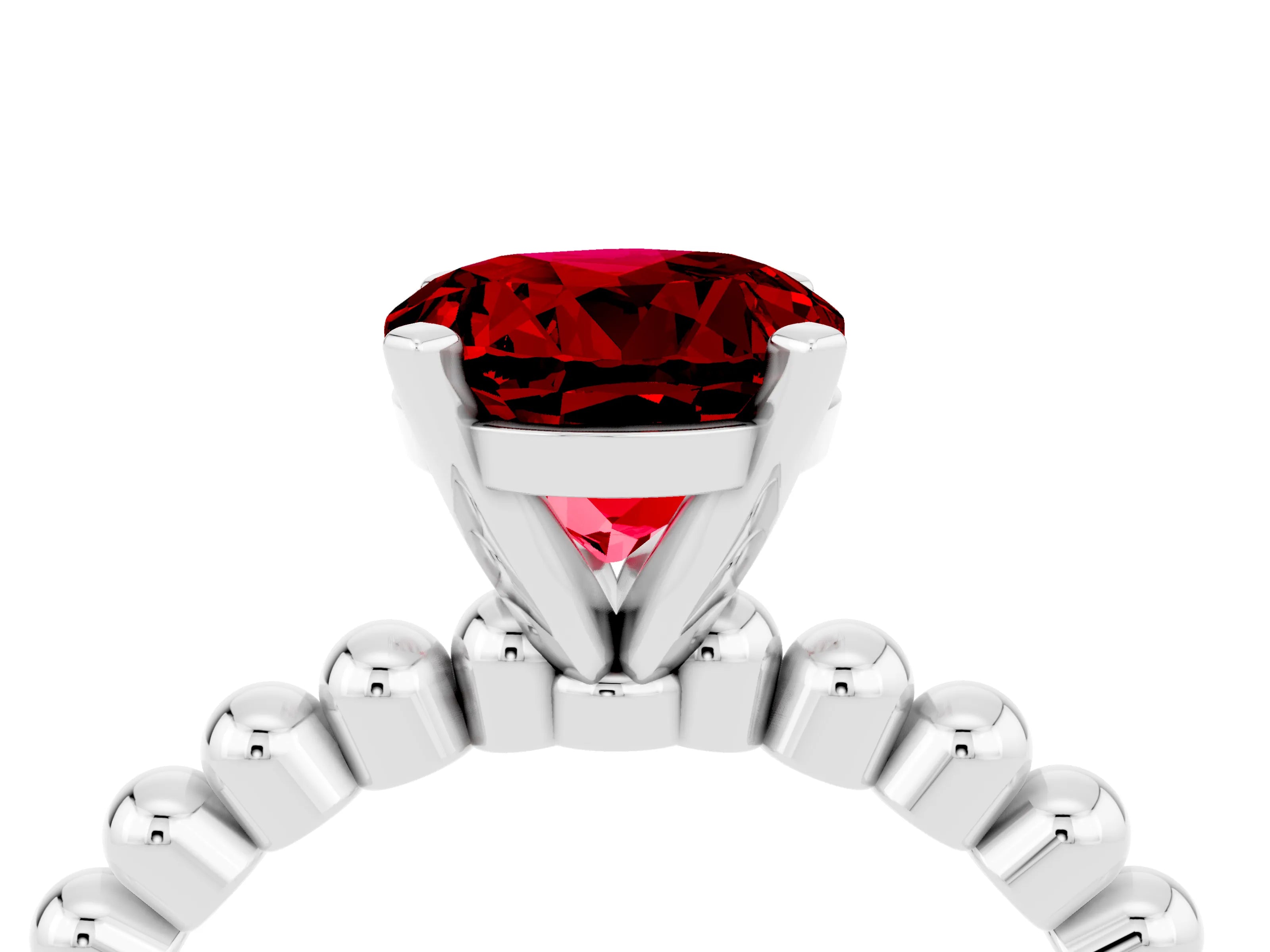 White gold Round Cut Ruby Solitaire Ring with Beaded Band and Prong Setting_4