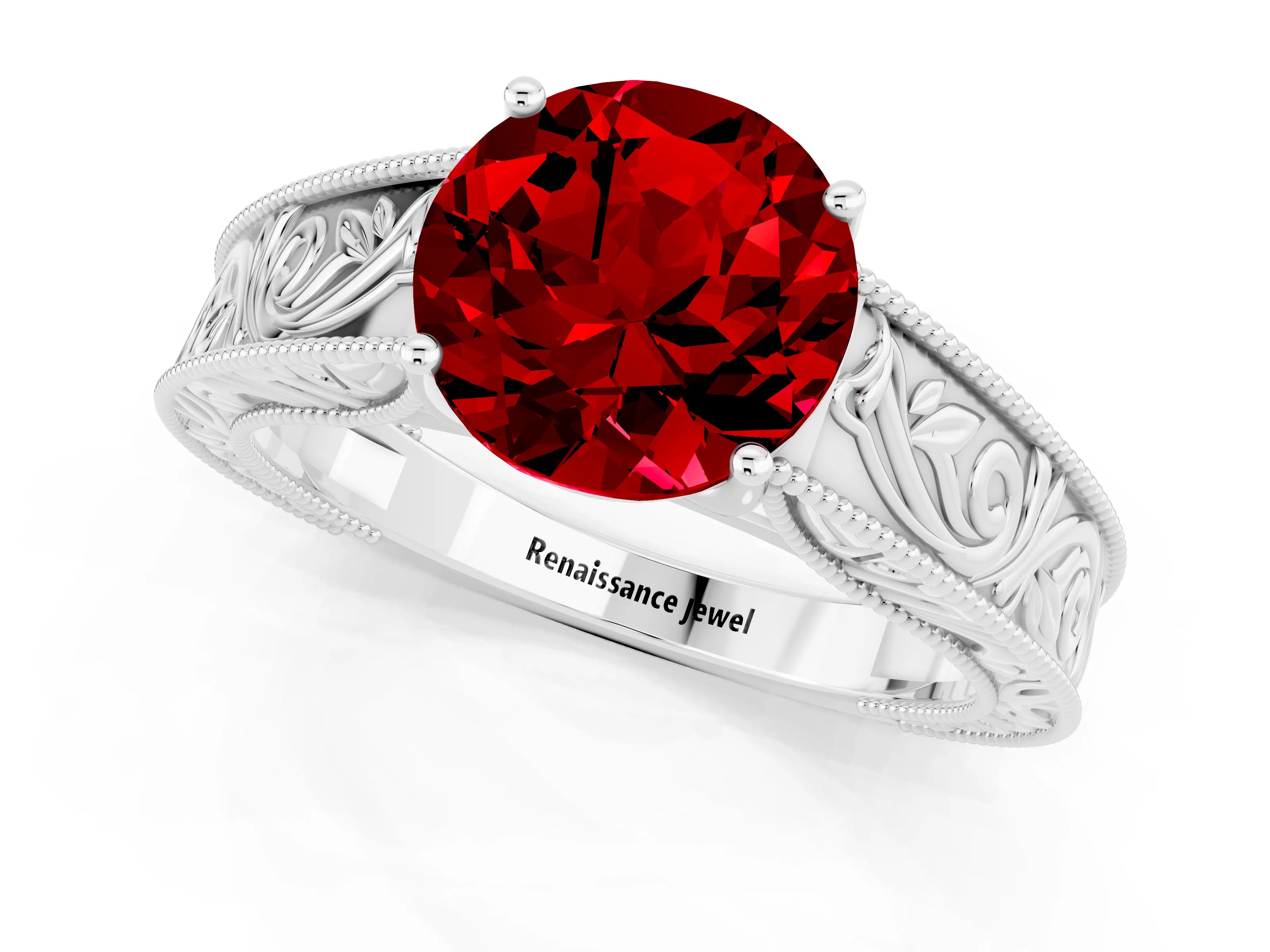 White gold Round Cut Ruby Solitaire Ring with Engraved Band and Four-Prong Setting_1
