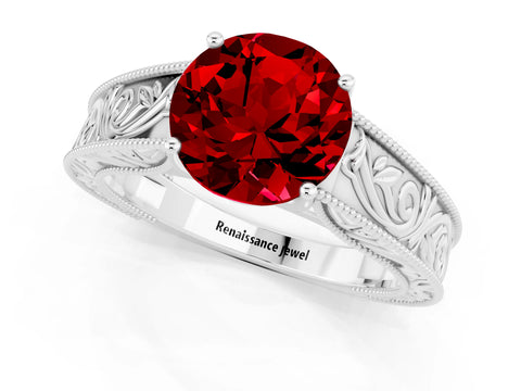 White gold Round Cut Ruby Solitaire Ring with Engraved Band and Four-Prong Setting_1
