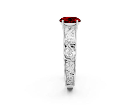 White gold Round Cut Ruby Solitaire Ring with Engraved Band and Four-Prong Setting_2
