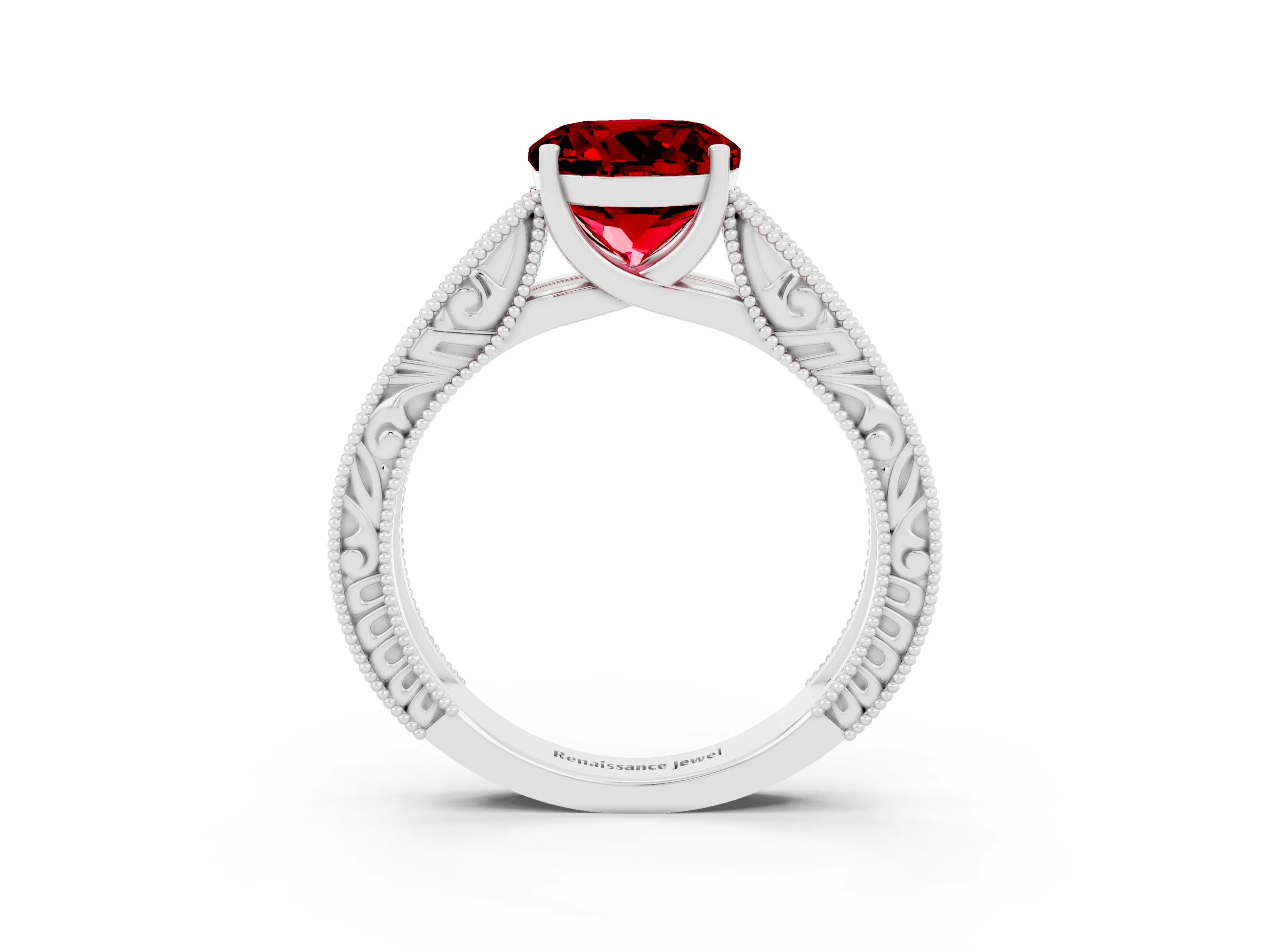 White gold Round Cut Ruby Solitaire Ring with Engraved Band and Four-Prong Setting_3