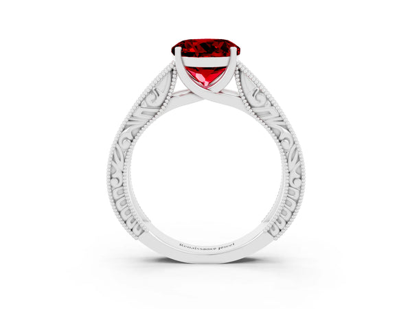 White gold Round Cut Ruby Solitaire Ring with Engraved Band and Four-Prong Setting