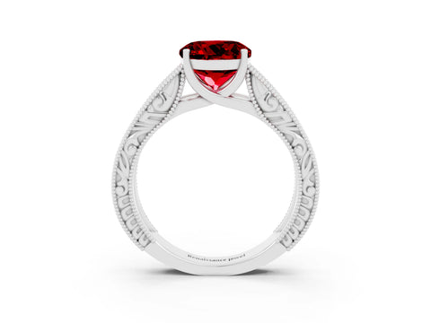 White gold Round Cut Ruby Solitaire Ring with Engraved Band and Four-Prong Setting_3