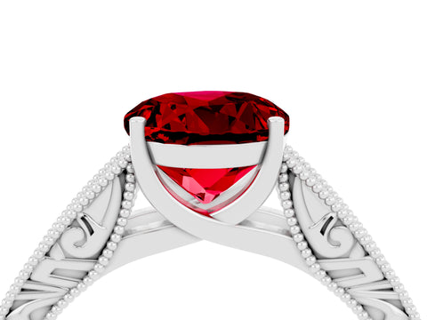 White gold Round Cut Ruby Solitaire Ring with Engraved Band and Four-Prong Setting_4