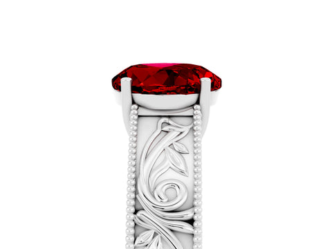 White gold Round Cut Ruby Solitaire Ring with Engraved Band and Four-Prong Setting_5