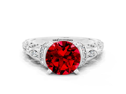 White gold Round Cut Ruby Solitaire Ring with Filigree Band and Four-Prong Setting_24