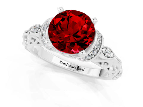 White gold Round Cut Ruby Solitaire Ring with Filigree Band and Four-Prong Setting_25