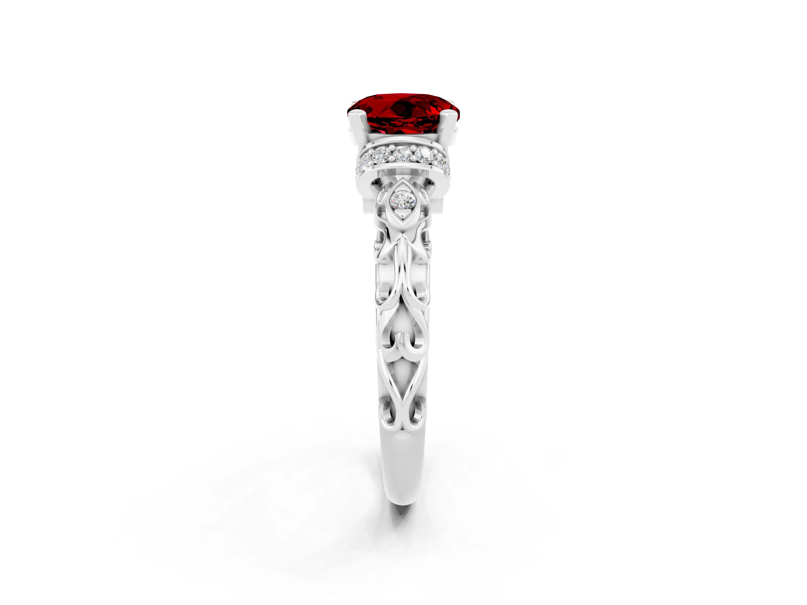 White gold Round Cut Ruby Solitaire Ring with Filigree Band and Four-Prong Setting_26