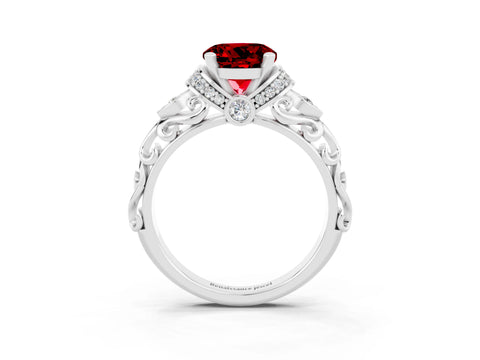 White gold Round Cut Ruby Solitaire Ring with Filigree Band and Four-Prong Setting_27