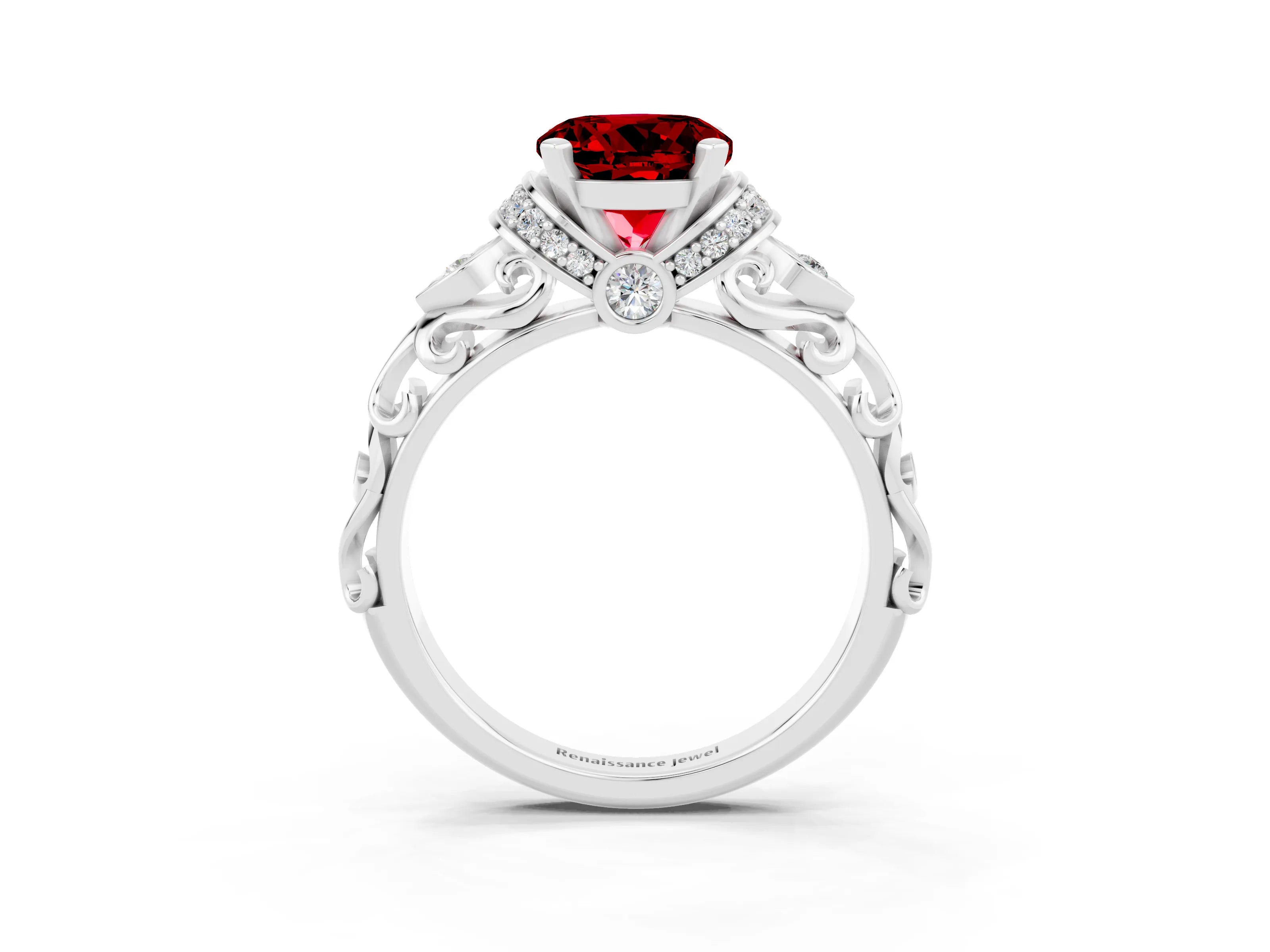 White gold Round Cut Ruby Solitaire Ring with Filigree Band and Four-Prong Setting_27