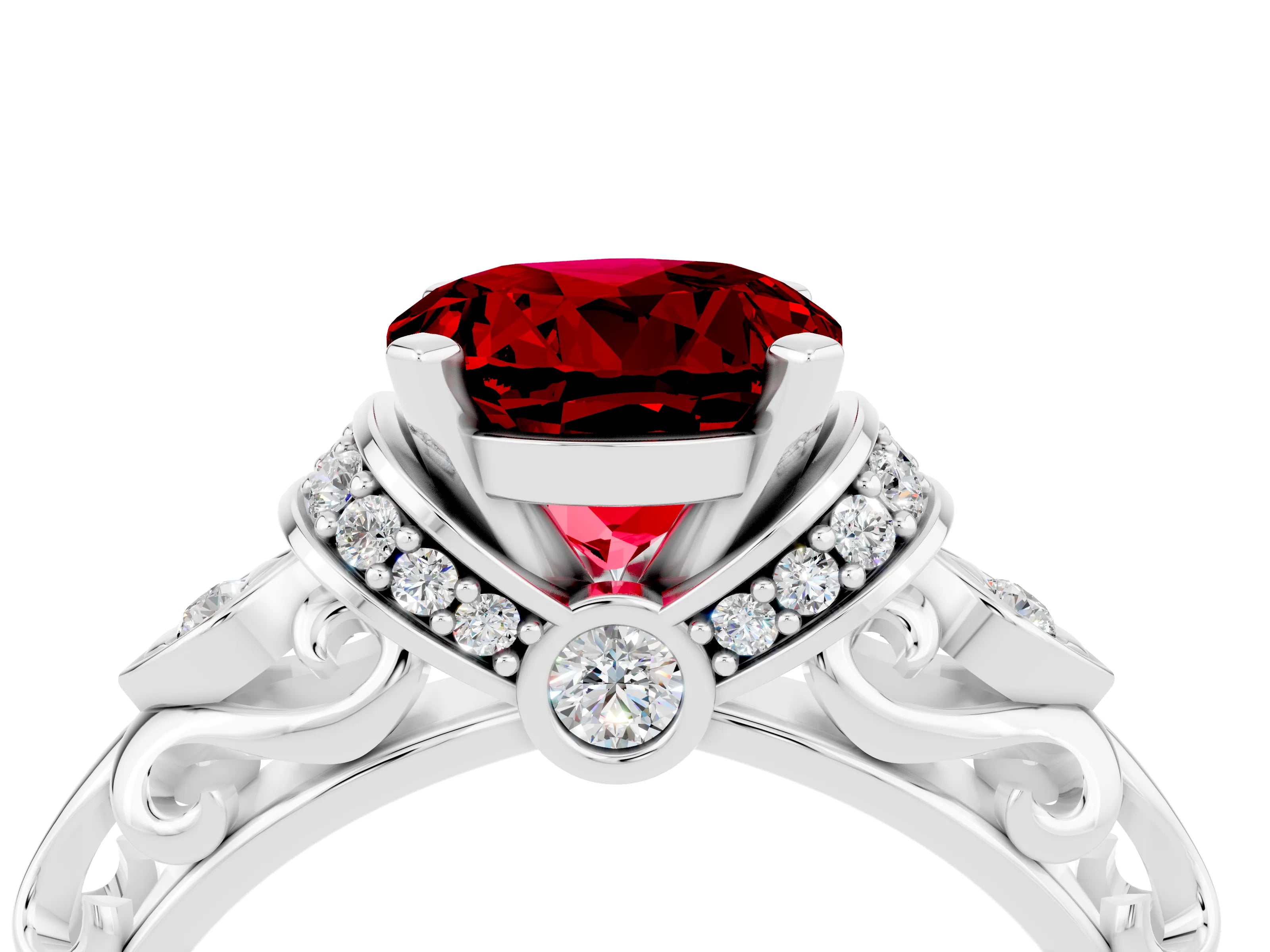 White gold Round Cut Ruby Solitaire Ring with Filigree Band and Four-Prong Setting_28