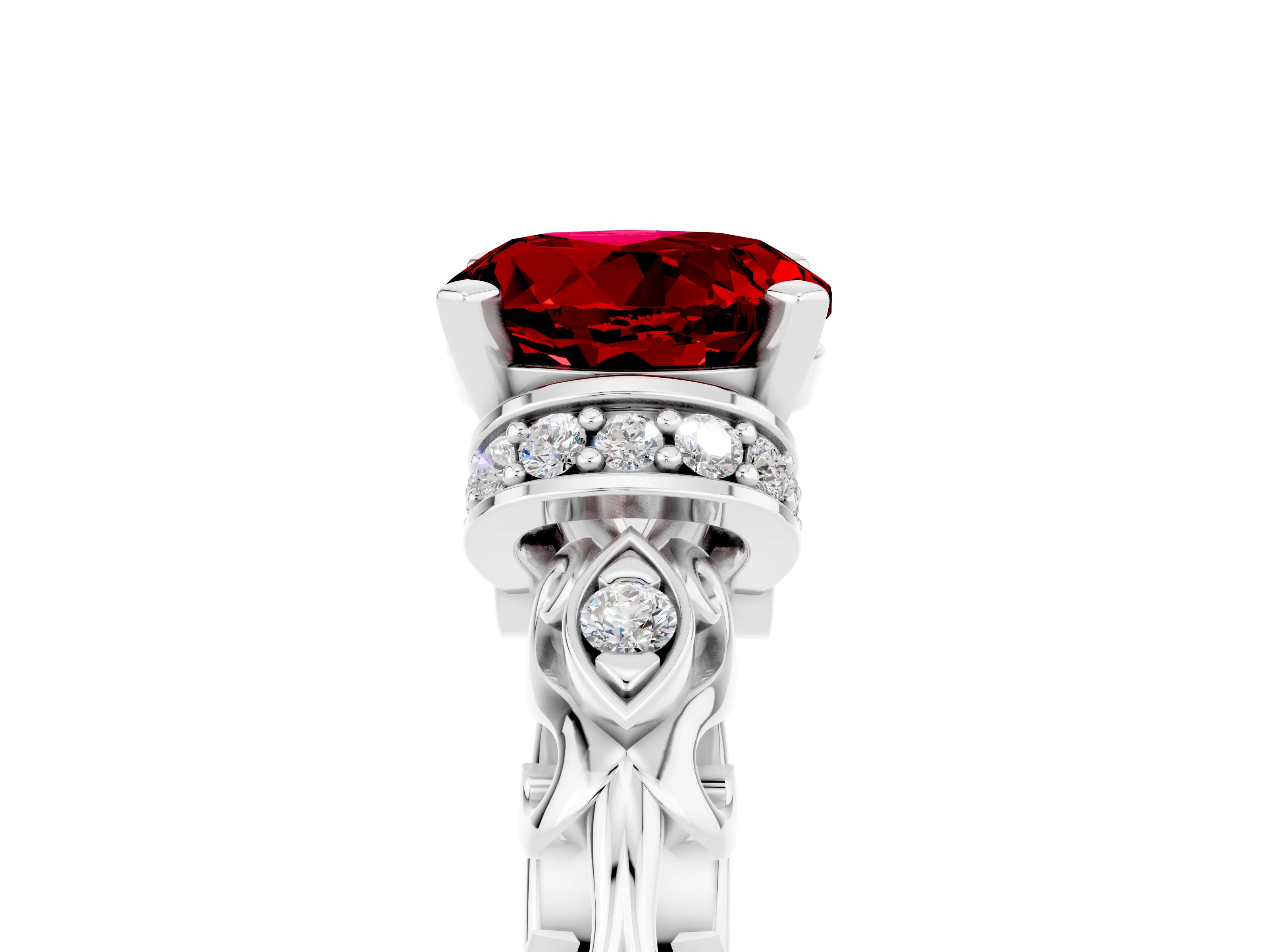 White gold Round Cut Ruby Solitaire Ring with Filigree Band and Four-Prong Setting_29