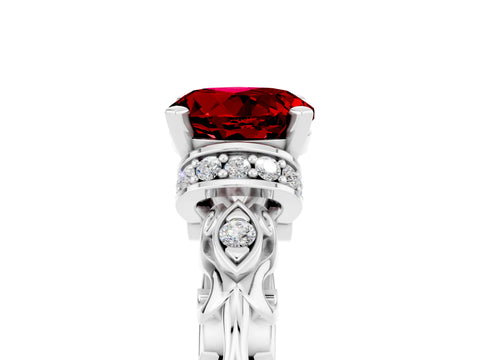 White gold Round Cut Ruby Solitaire Ring with Filigree Band and Four-Prong Setting_29
