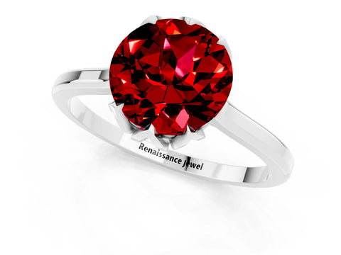 White gold Round Cut Ruby Solitaire Ring with Flower Prong Setting and Classic Band_13