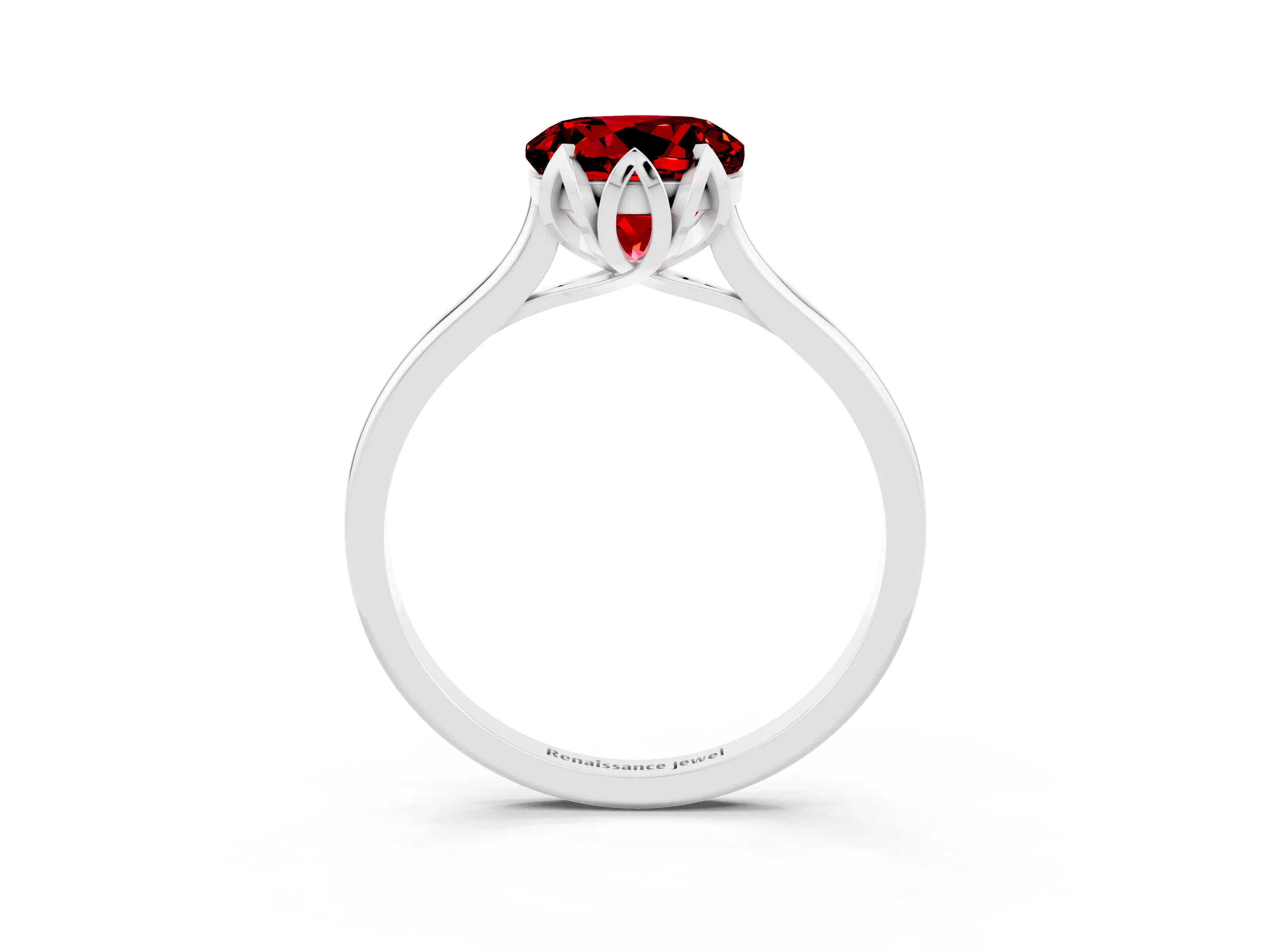 White gold Round Cut Ruby Solitaire Ring with Flower Prong Setting and Classic Band_15