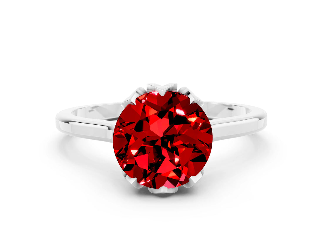 White gold Round Cut Ruby Solitaire Ring with Flower Prong Setting and Classic Band_15
