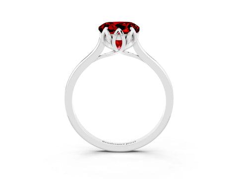 White gold Round Cut Ruby Solitaire Ring with Flower Prong Setting and Classic Band_15