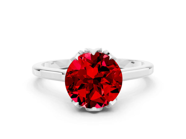 White gold Round Cut Ruby Solitaire Ring with Flower Prong Setting and Classic Band