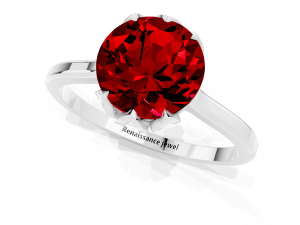 White gold Round Cut Ruby Solitaire Ring with Flower Prong Setting and Classic Band