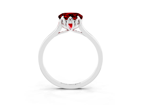 White gold Round Cut Ruby Solitaire Ring with Flower Prong Setting and Classic Band