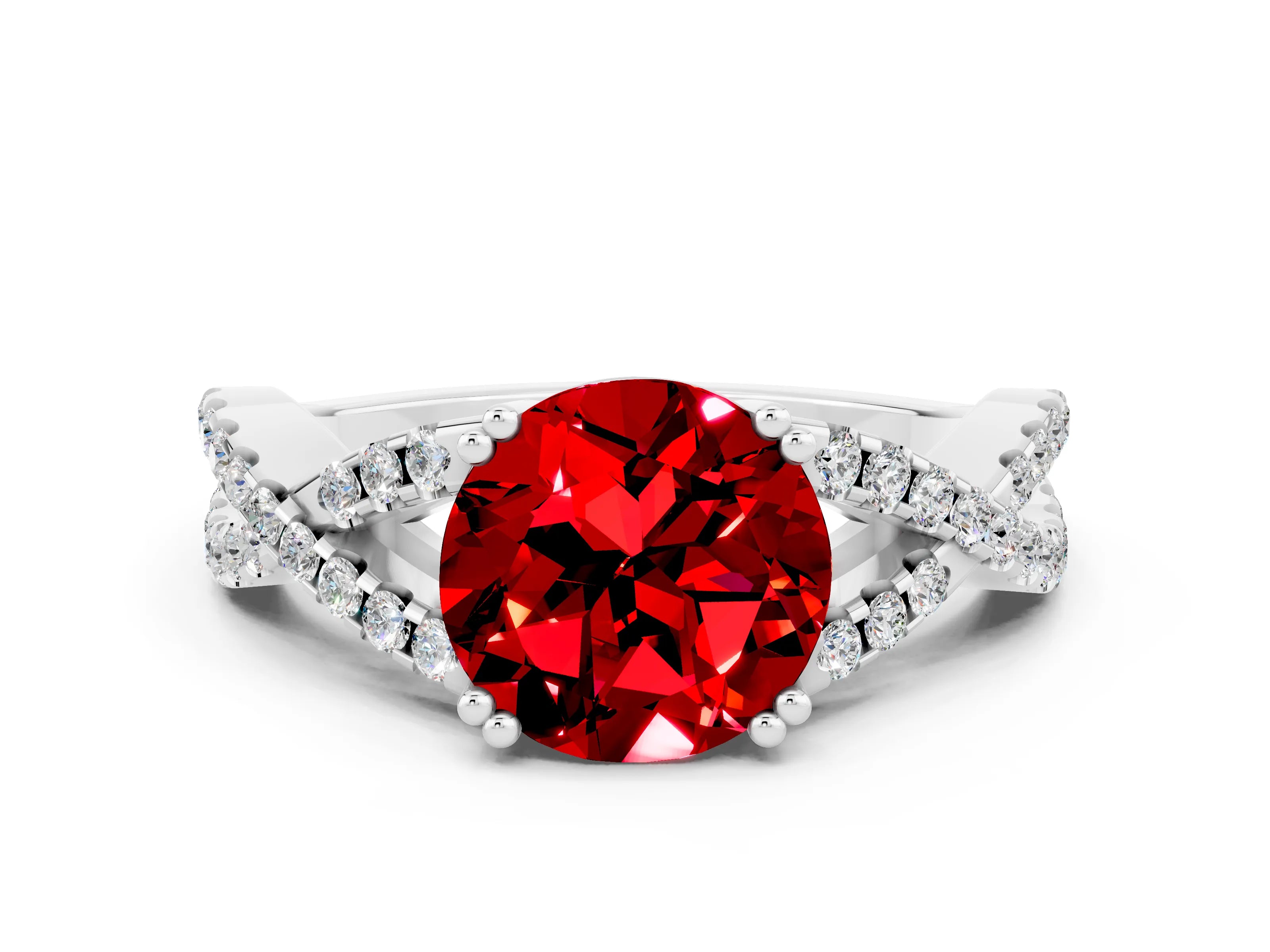 White gold Round Cut Ruby Solitaire Ring with Four-Prong Setting and Twisted Pavé Band