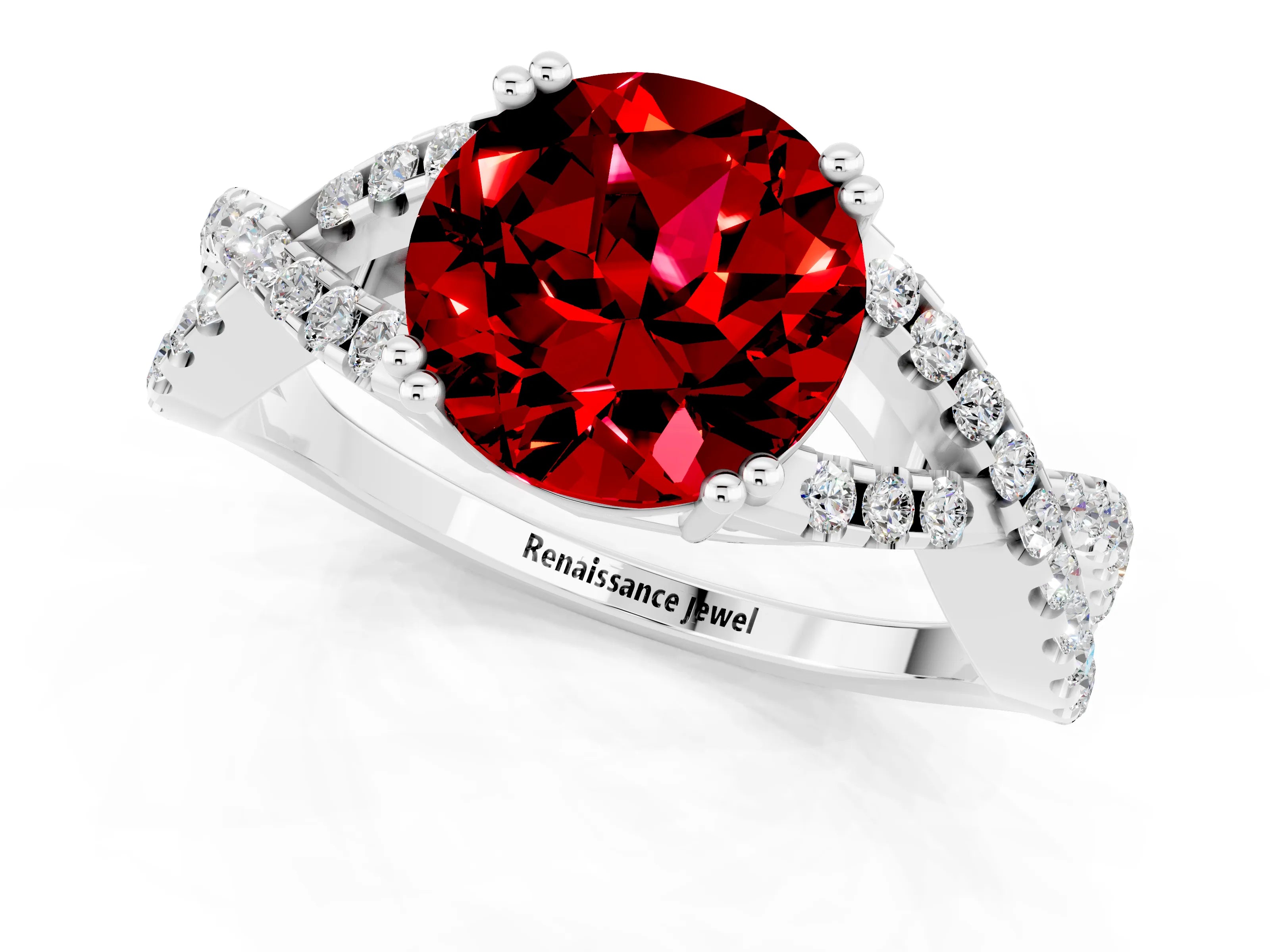 White gold Round Cut Ruby Solitaire Ring with Four-Prong Setting and Twisted Pavé Band_1