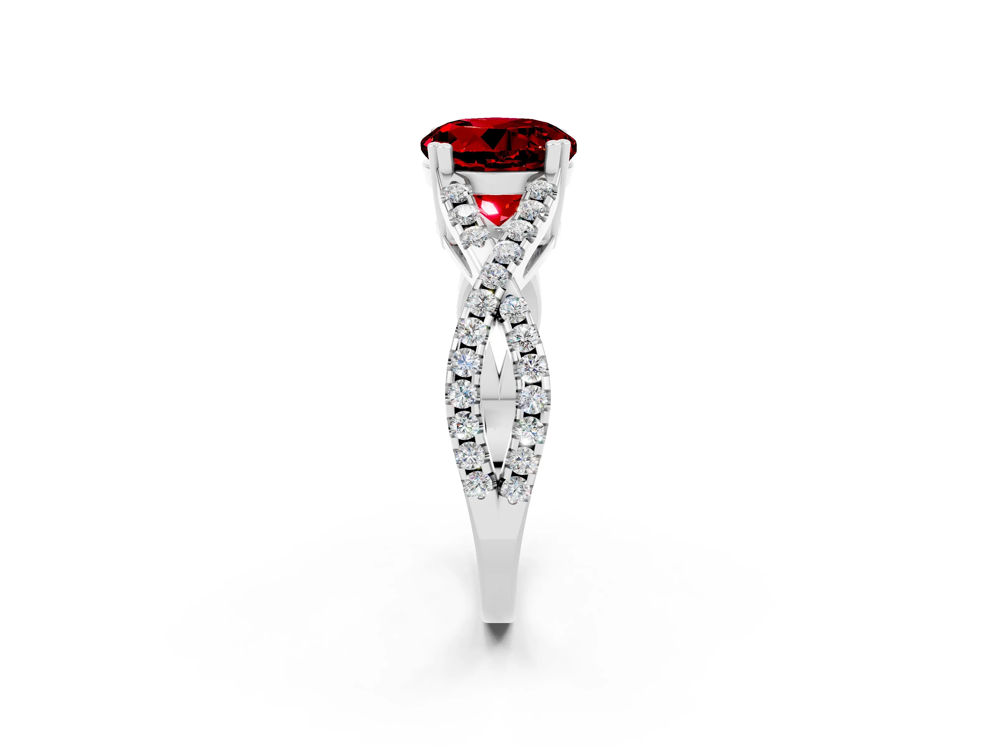 White gold Round Cut Ruby Solitaire Ring with Four-Prong Setting and Twisted Pavé Band_2