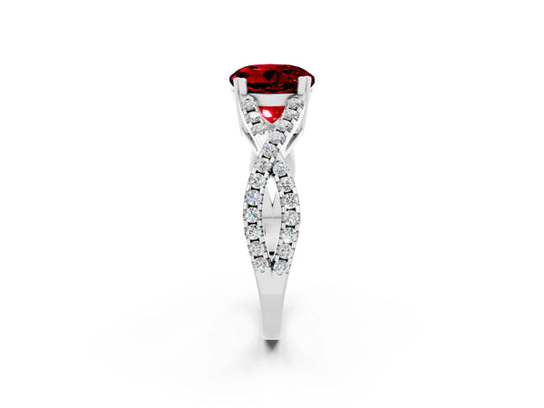 White gold Round Cut Ruby Solitaire Ring with Four-Prong Setting and Twisted Pavé Band