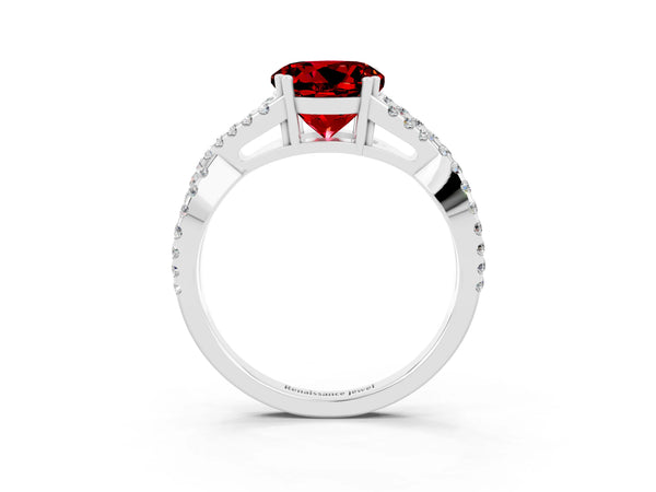 Silver Round Cut Ruby Solitaire Ring with Four-Prong Setting and Twisted Pavé Band