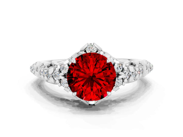 White gold Round Cut Ruby Solitaire Ring with Hidden Halo and Pavé Band