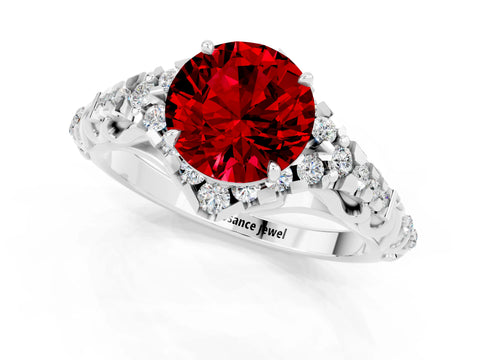 White gold Round Cut Ruby Solitaire Ring with Hidden Halo and Pavé Band_13
