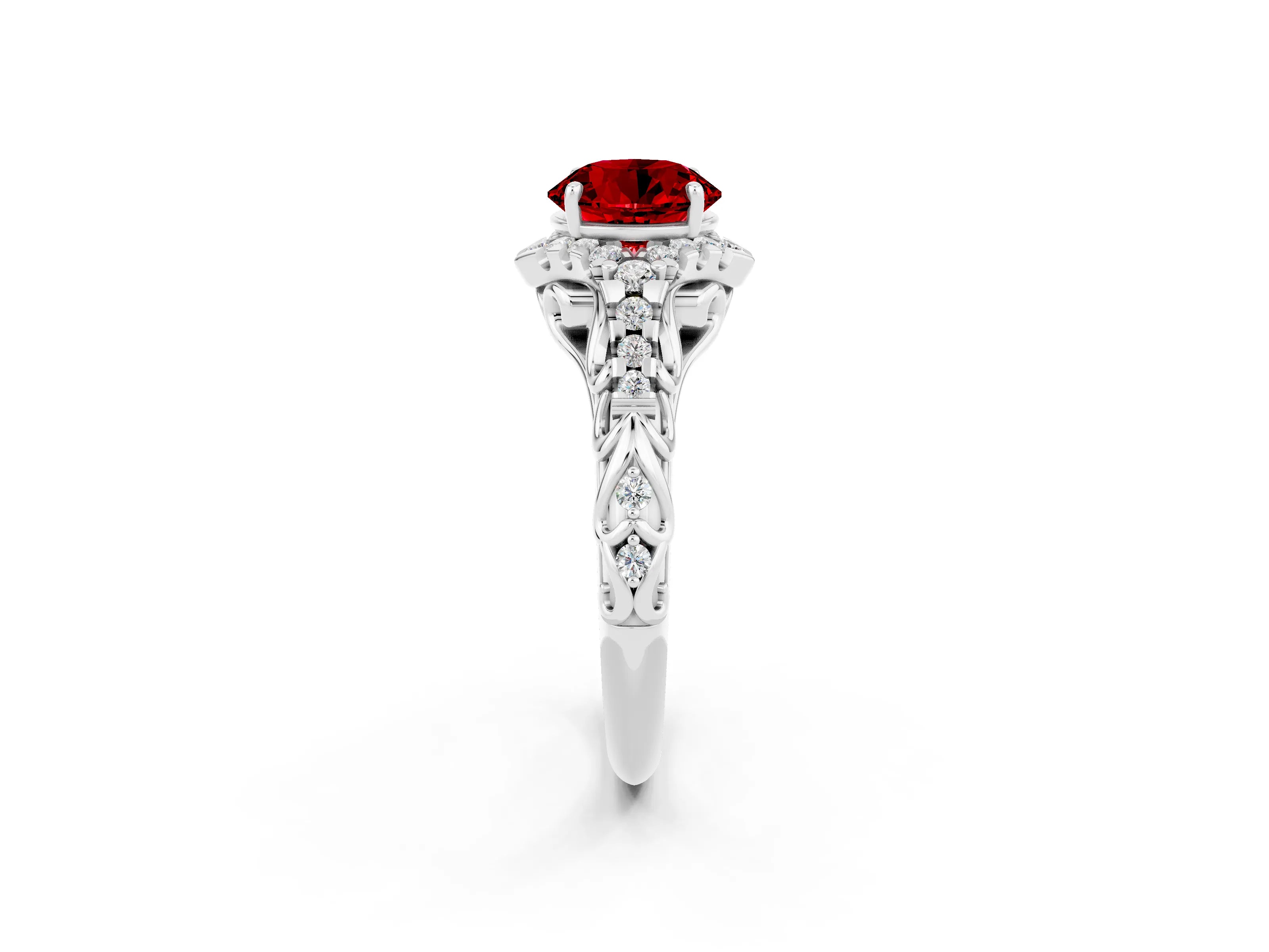 White gold Round Cut Ruby Solitaire Ring with Hidden Halo and Pavé Band_14