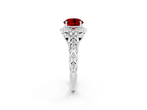 White gold Round Cut Ruby Solitaire Ring with Hidden Halo and Pavé Band_14