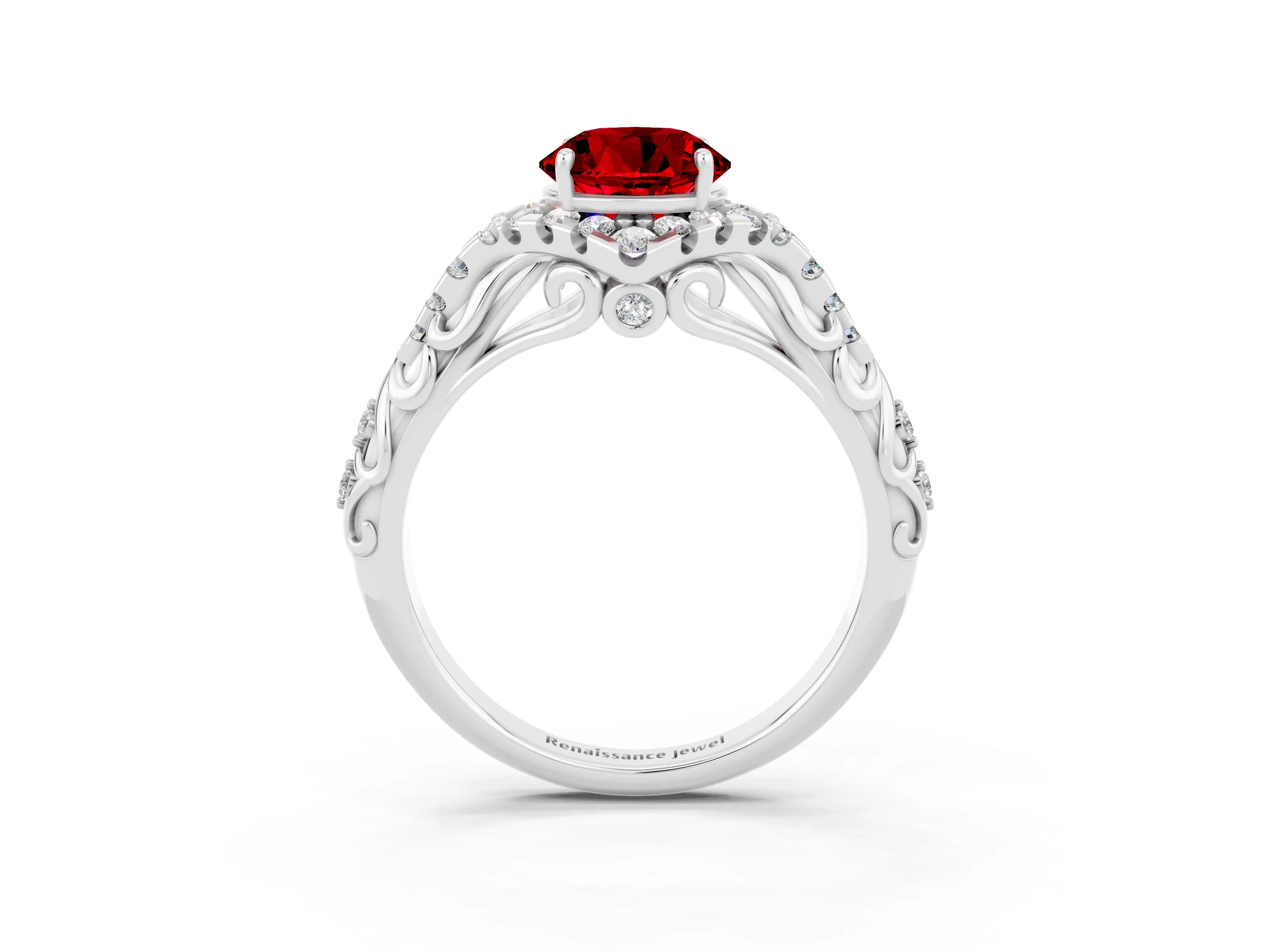 White gold Round Cut Ruby Solitaire Ring with Hidden Halo and Pavé Band_15