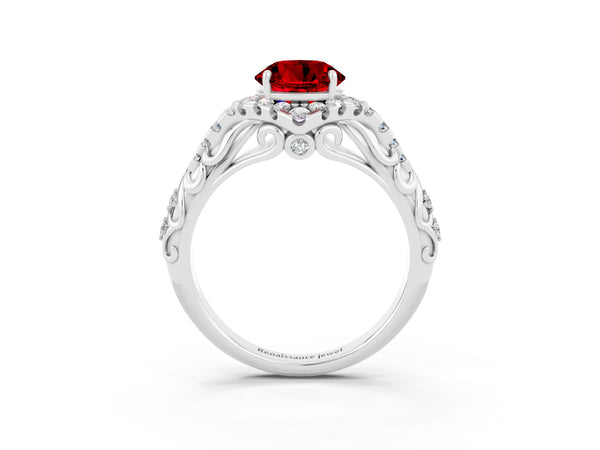 Silver Round Cut Ruby Solitaire Ring with Hidden Halo and Pavé Band