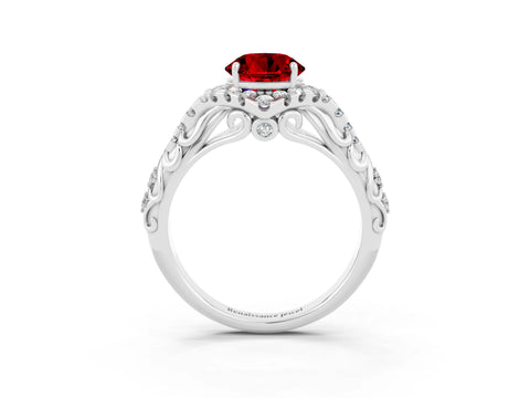 White gold Round Cut Ruby Solitaire Ring with Hidden Halo and Pavé Band_15