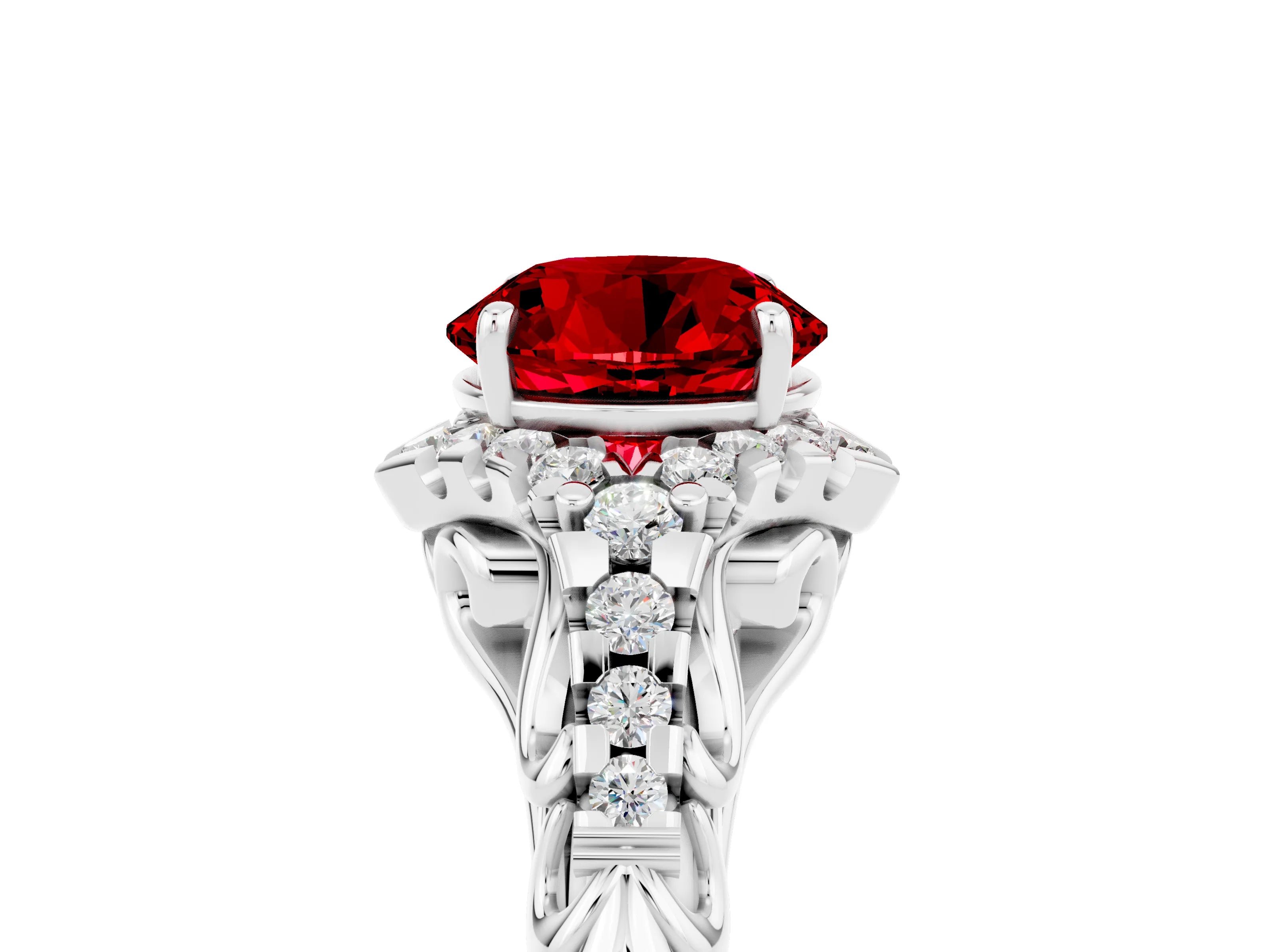 White gold Round Cut Ruby Solitaire Ring with Hidden Halo and Pavé Band_17