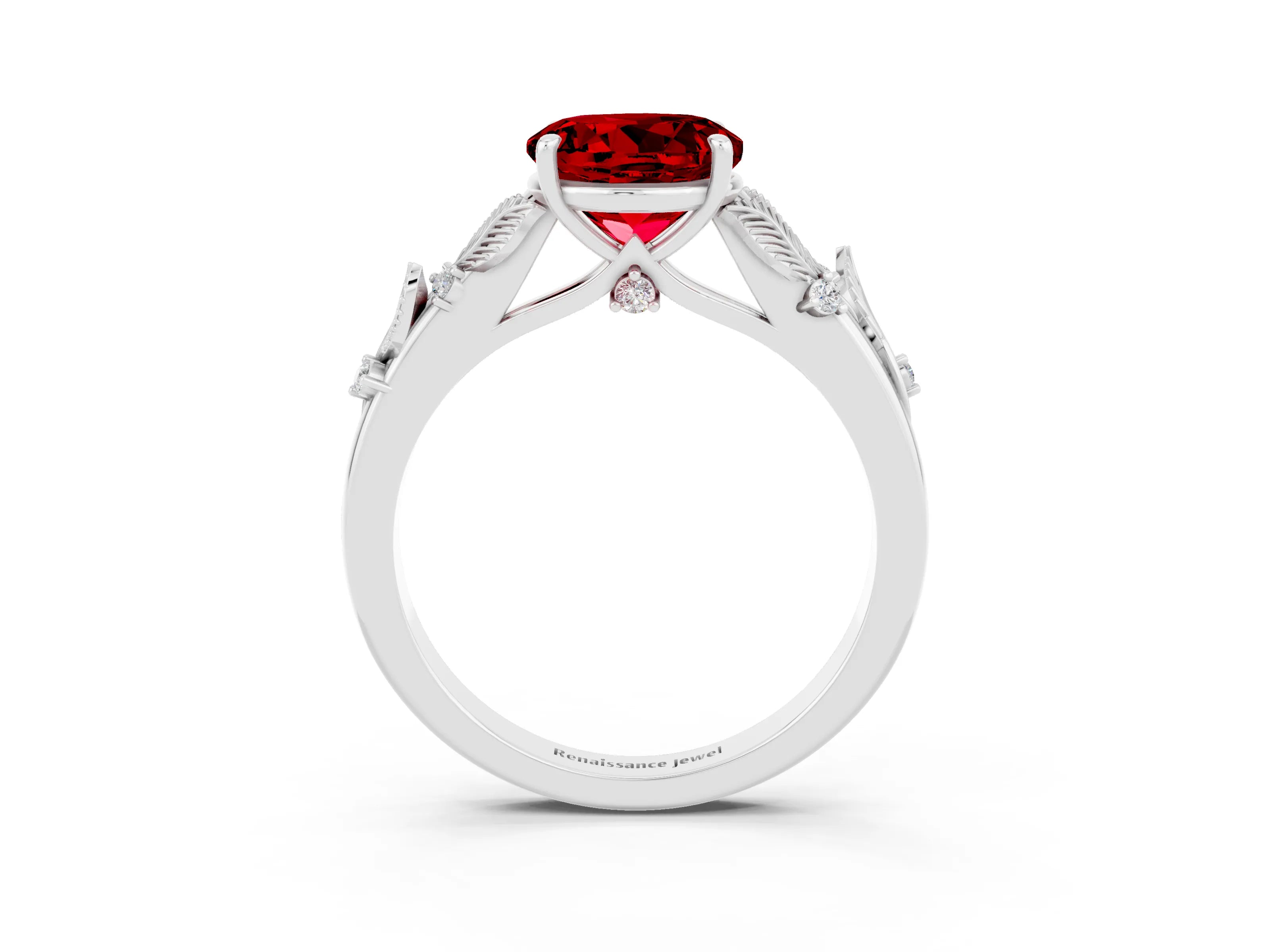 White gold Round Cut Ruby Solitaire Ring with Leaf Motif Band and Four-Prong Setting_15